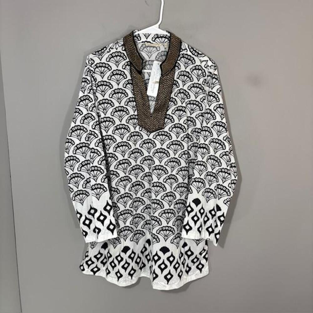Soft Surroundings Tunic Blouse Womens Large Black White Beaded V Neck Top